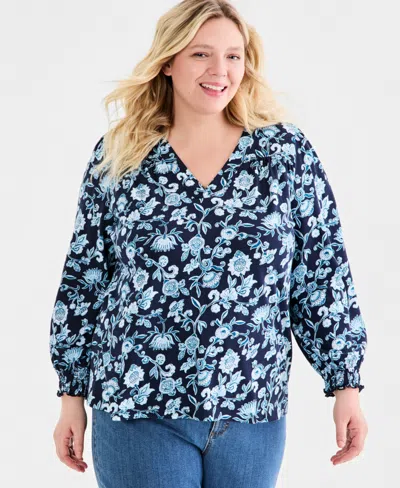 Style & Co Plus Size V-neck Blouson-sleeve Top, Macy's Exclusive In Blue