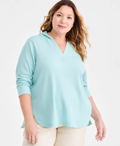 Style & Co Plus Size Waffle-knit Hooded Sweatshirt, Macy's Exclusive In Blue