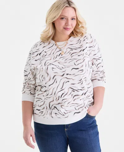 Style & Co Plus Size Zebra Brush Crewneck Sweatshirt, Macy's Exclusive In White