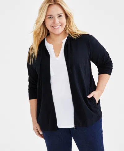 Style & Co Plus Size Zip-up Hooded Sweatshirt, Exclusively At Macy's In Deep Black