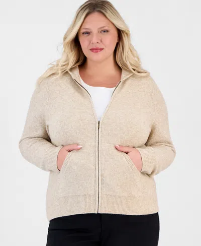 Style & Co Plus Size Zip-front Hooded Luxsoft Sweater, Macy's Exclusive In Heather Sand