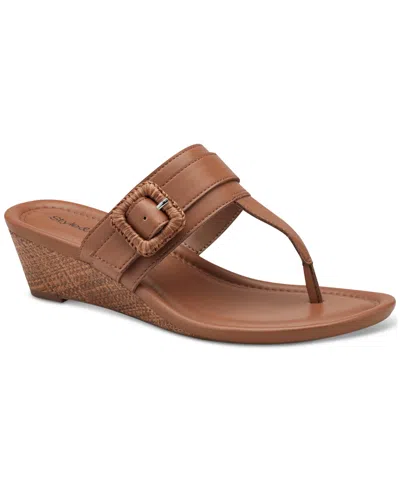 Style & Co Women's Polliee Buckled Thong Wedge Sandals, Created For Macy's In Walnut Raffia
