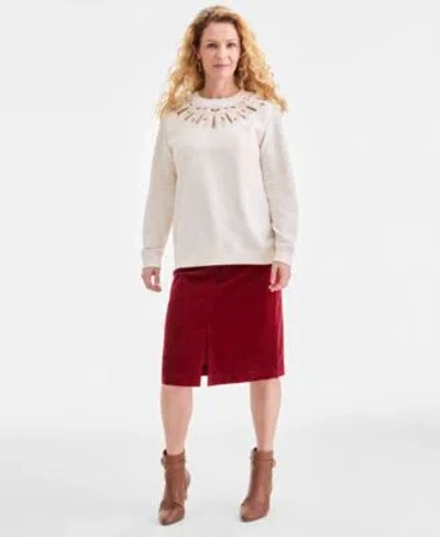Style & Co September Hero Look Style Co Womens Broderie Anglaise Crewneck Sweatshirt Corduroy Midi Skirt Macys  In Gold