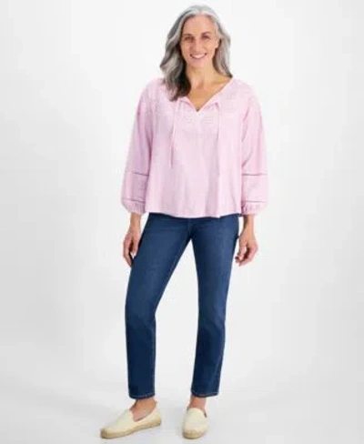 Style & Co Style Co Petite Eyelet Embroidered Top High Rise Natural Straight Leg Jeans Created For Macys In Bright White