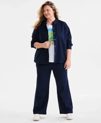 Style & Co Style Co Plus Size Dobby Twill Shacket Graphic Print Tee Wide Leg Pants Exclusively At Macys In Industrial Blue