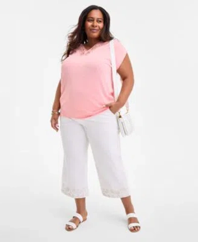 Style & Co Style Co Plus Size Lace Trim V Neck Short Sleeve T Shirt High Rise Wide Leg Crop Jeans Exclusively A