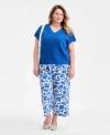 Style & Co Style Co Plus Size Open Stitch V Neck Dolman Sleeve Cotton Top Polished Crop Pants Exclusively At Ma In Blue