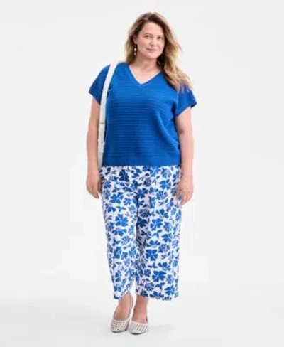 Style & Co Style Co Plus Size Open Stitch V Neck Dolman Sleeve Cotton Top Polished Crop Pants Exclusively At Ma In Blue