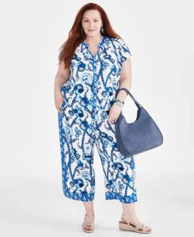 Style & Co Style Co Plus Size Printed Button Front Top Printed Cropped Wide Leg Pants Created For Macys In Bright White