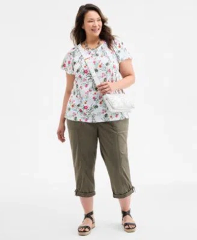 Style & Co Style Co Plus Size Printed Flutter Sleeve Knit Top Cuffed Capri Pants Exclusively At Macys In White