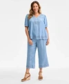 Style & Co Style Co Plus Size Scalloped Eyelet Top Chambray Pull On Pants Exclusively At Macys In Anna Wash
