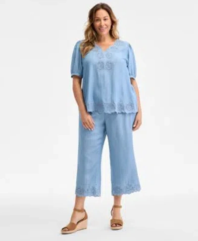 Style & Co Style Co Plus Size Scalloped Eyelet Top Chambray Pull On Pants Exclusively At Macys In Anna Wash