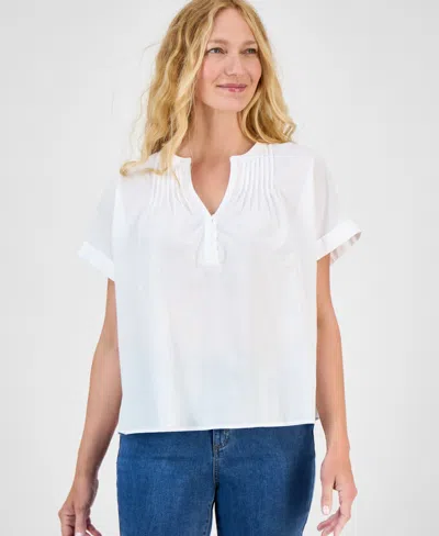 Style & Co Style Co Women's Cotton Pintucked Camp Top, Exclusively At Macy's In White