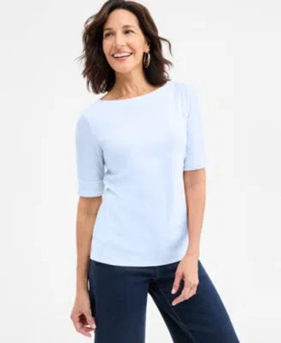 Style & Co Style Co Womens Boat Neck Elbow Sleeve Cotton Top Pxs 4x Exclusively At Macys In Blue