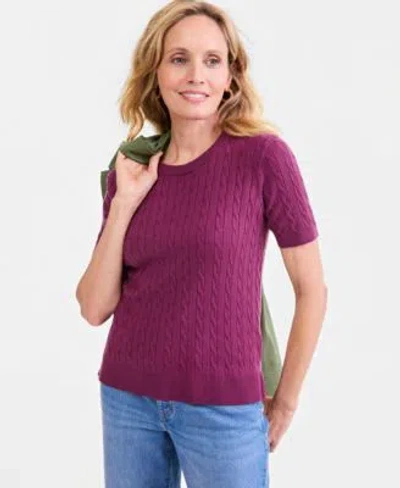Style & Co Style Co Womens Cable Knit Short Sleeve Sweater Macys Exclusive In Purple