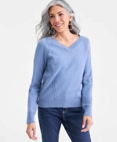 Style & Co Style Co Womens Cable Knit V Neck Sweater Macys Exclusive In Blue