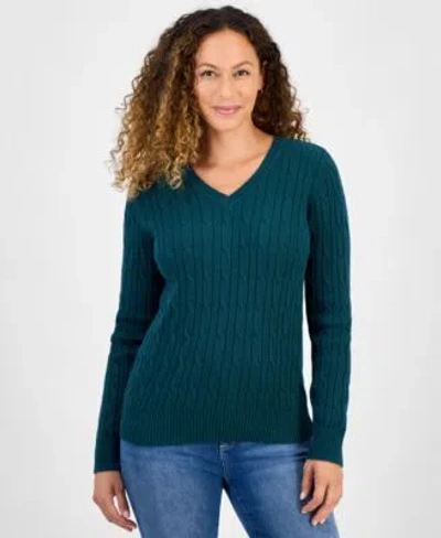Style & Co Style Co Womens Cotton Cable Knit V Neck Sweater Pxs 4x Created For Macys In Green