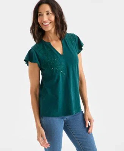 Style & Co Style Co Womens Cotton Embroidered Flutter Sleeve Knit Top Macys Exclusive In Green