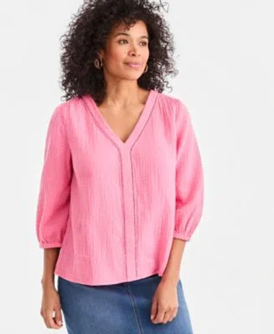 Style & Co Style Co Womens Cotton Gauze V Neck Blouse Macys Exclusive In Pink