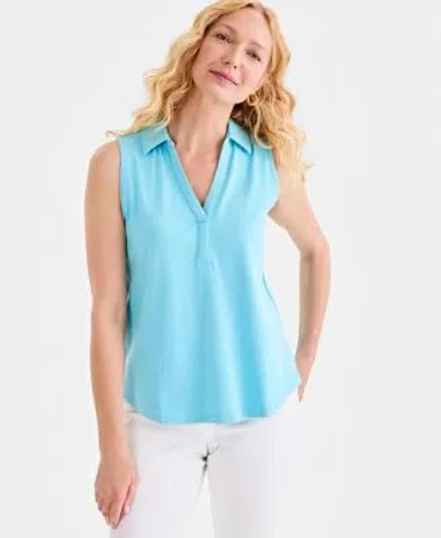 Style & Co Style Co Womens Cotton Johnny Collar Sleeveless Top Macys Exclusive In Blue
