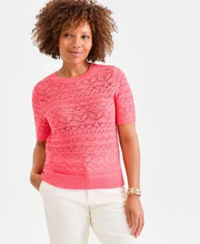 Style & Co Style Co Womens Cotton Pointelle Short Sleeve Sweater Macys Exclusive In Pink