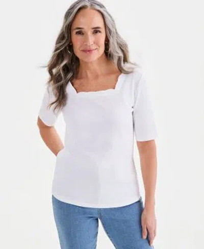 Style & Co Style Co Womens Cotton Scalloped Square Neck Top Macys Exclusive In Bright White
