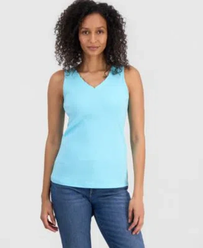 Style & Co Style Co Womens Cotton Scalloped V Neck Sleeveless Top Exclusively At Macys In Blue