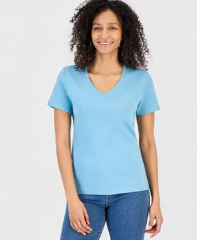 Style & Co Style Co Womens Cotton Short Sleeve V Neck Top Exclusively At Macys In Blue
