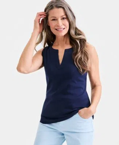 Style & Co Style Co Womens Cotton Split Neck Tank Top Macys Exclusive In Blue