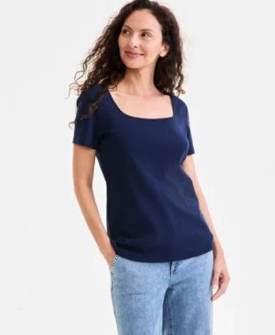 Style & Co Style Co Womens Cotton Square Neck Short Sleeve T Shirt Pxs Xxl Exclusively At Macys In Blue
