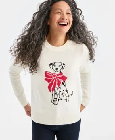 Style & Co Style Co Womens Crewneck Holiday Whimsy Sweater Macys Exclusive In Dalmation Vanilla