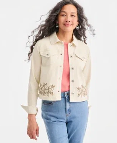 Style & Co Style Co Womens Cropped Embroidered Denim Jacket Macys Exclusive In White