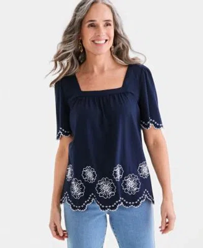 Style & Co Style Co Womens Embroidered Scalloped Knit Top Macys Exclusive In Blue