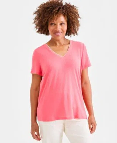 Style & Co Style Co Womens Linen Blend V Neck Short Sleeve Top Macys Exclusive In Pink
