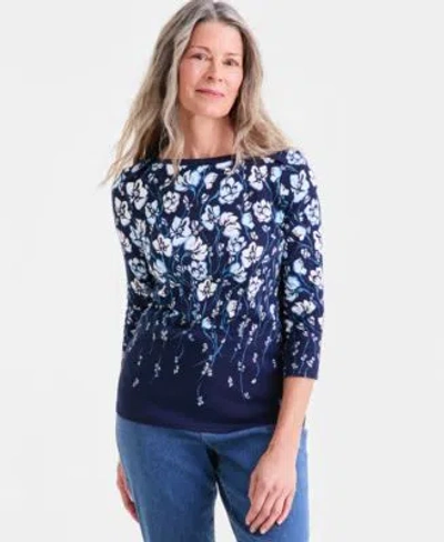 Style & Co Style Co Womens Pima Cotton 3 4 Sleeve Boat Neck Top Macys Exclusive In Blue