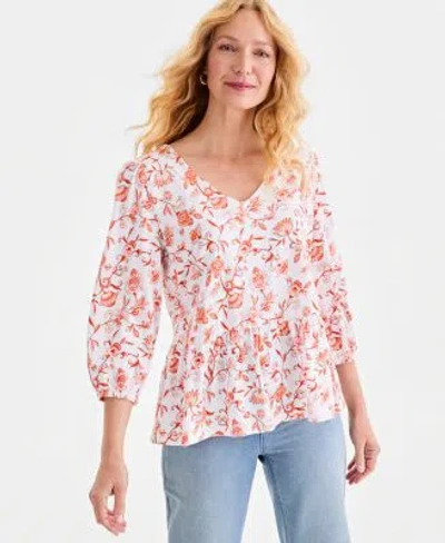 Style & Co Style Co Womens Printed 3 4 Sleeve V Neck Peplum Top Macys Exclusive In White