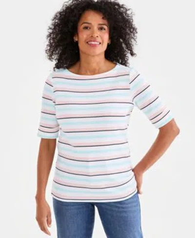 Style & Co Style Co Womens Printed Boat Neck Elbow Sleeve Top Macys Exclusive In White