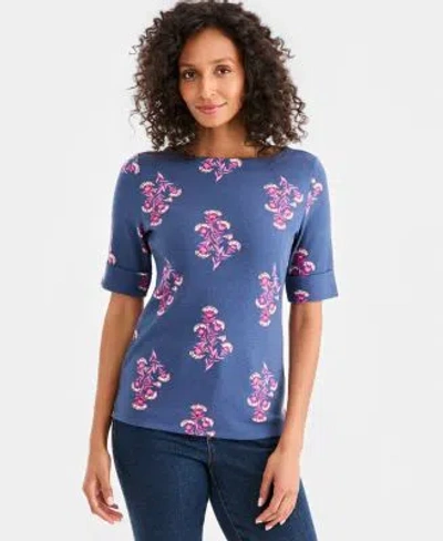 Style & Co Style Co Womens Printed Boat Neck Elbow Sleeve Top Macys Exclusive In Blue