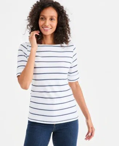 Style & Co Style Co Womens Printed Boat Neck Elbow Sleeve Top Macys Exclusive In White