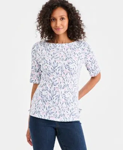 Style & Co Style Co Womens Printed Boat Neck Elbow Sleeve Top Macys Exclusive In White