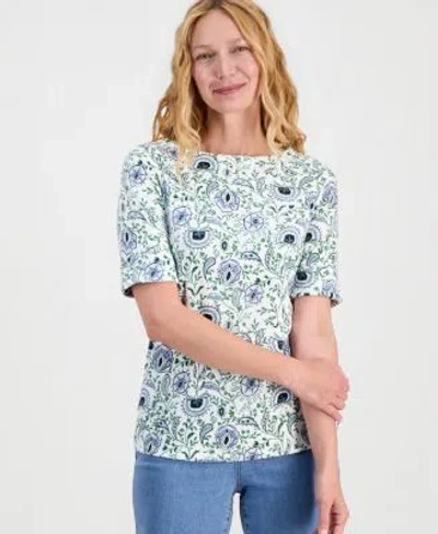 Style & Co Style Co Womens Printed Boat Neck Elbow Sleeve Top Macys Exclusive In White