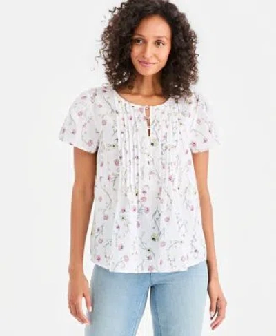 Style & Co Style Co Womens Printed Cotton Pintuck Flutter Sleeve Top Macys Exclusive In White
