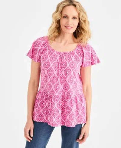 Style & Co Style Co Womens Printed Peplum Scoop Neck Top Macys Exclusive In Perfect Pink
