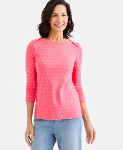 Style & Co Style Co Womens Printed Pima Cotton 3 4 Sleeve Boat Neck Top Macys Exclusive In Pink