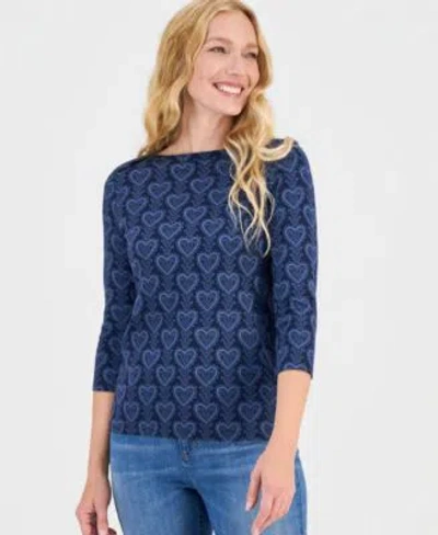 Style & Co Style Co Womens Printed Pima Cotton 3 4 Sleeve Boat Neck Top Macys Exclusive In Blue