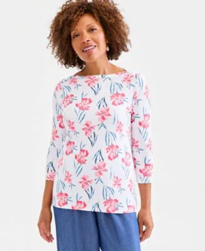 Style & Co Style Co Womens Printed Pima Cotton 3 4 Sleeve Boatneck Top Macys Exclusive In Multi
