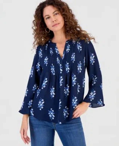 Style & Co Style Co Womens Printed Pintuck Ruffle Sleeve Top Macys Exclusive In Blue
