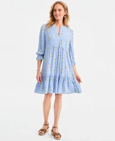 Style & Co Style Co Womens Printed Quilted 3 4 Sleeve Dress Macys Exclusive In Blue