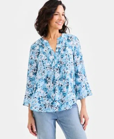 Style & Co Style Co Womens Printed Ruffle Sleeve Top Macys Exclusive In Blue
