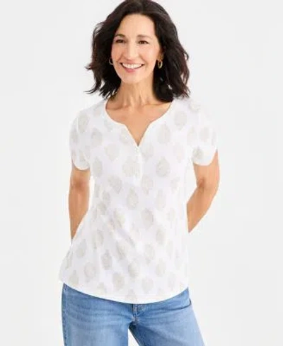 Style & Co Style Co Womens Printed Short Sleeve Henley Top Macys Exclusive In White